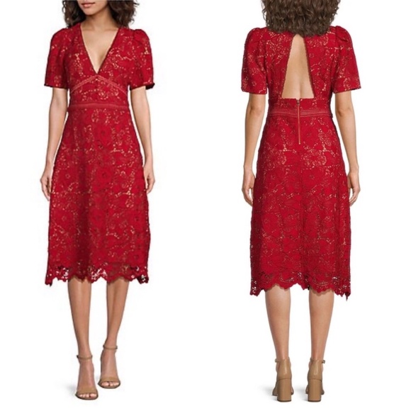 NWT Adelyn Rae Eyelet Embroidered V-Neck Lace Red MIDI Dress - Picture 1 of 8